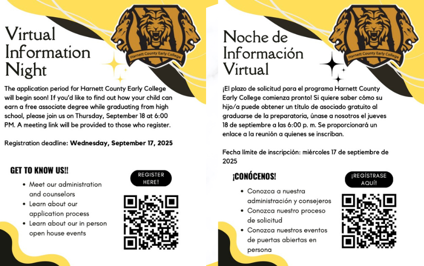 Virtual Information Night for Harnett Early College Flyer for attention. Information from the flyer is in the post.