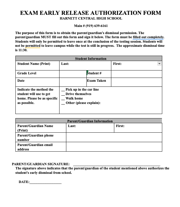 Exam Early Release Form