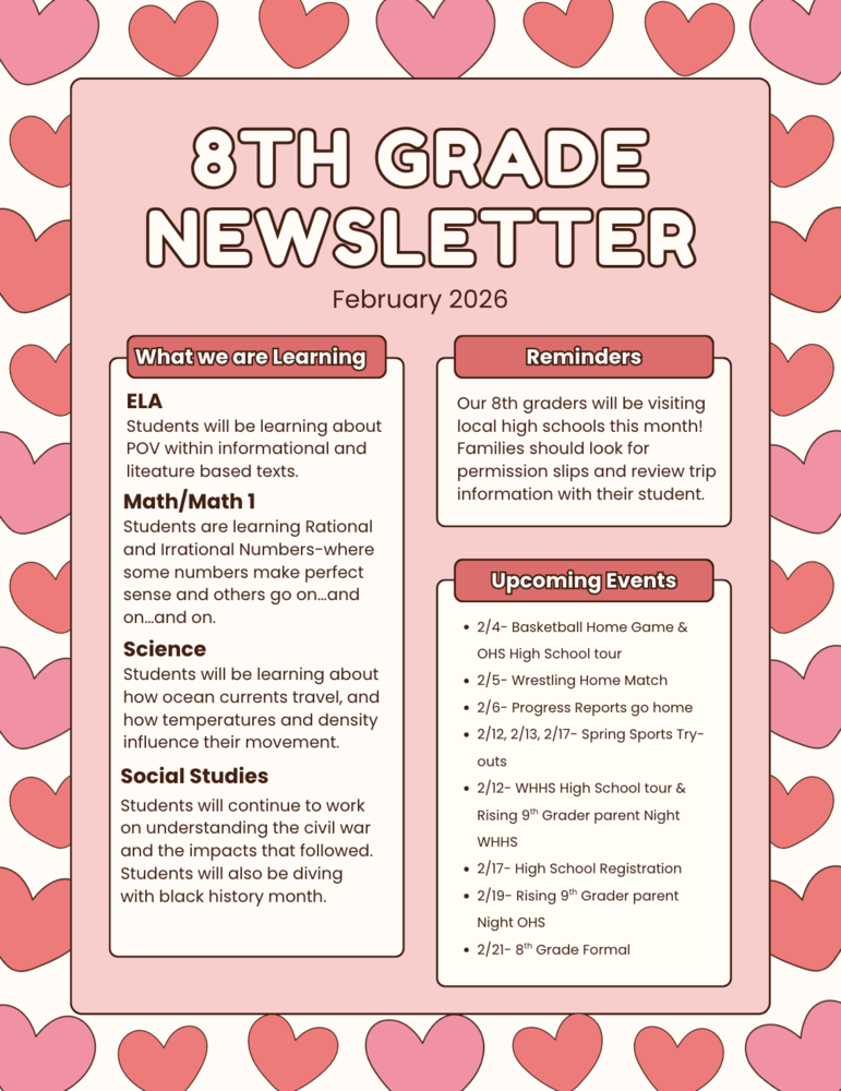 Image of 8th grade parent newsletter. Link to live newletter is in the post.