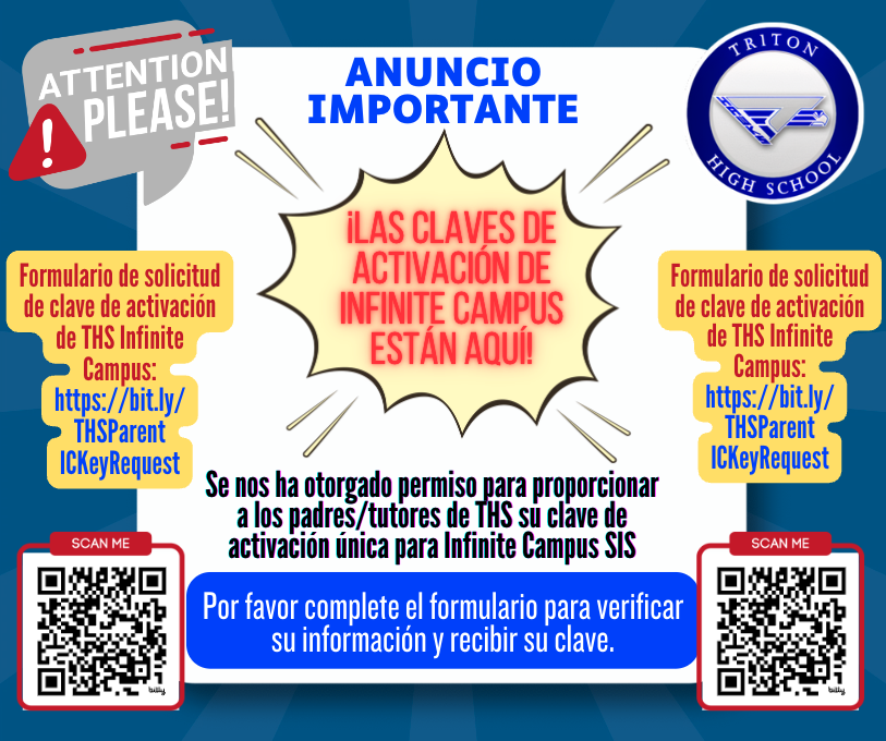 Traducción al español del formulario de solicitud de clave de activación del sistema de información estudiantil Infinite Campus de Triton