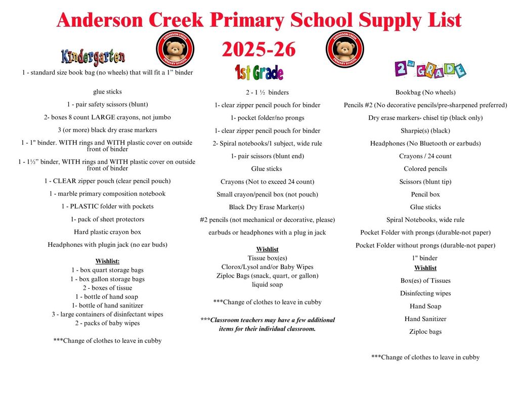 Revised supply lists for 2025-26 school year