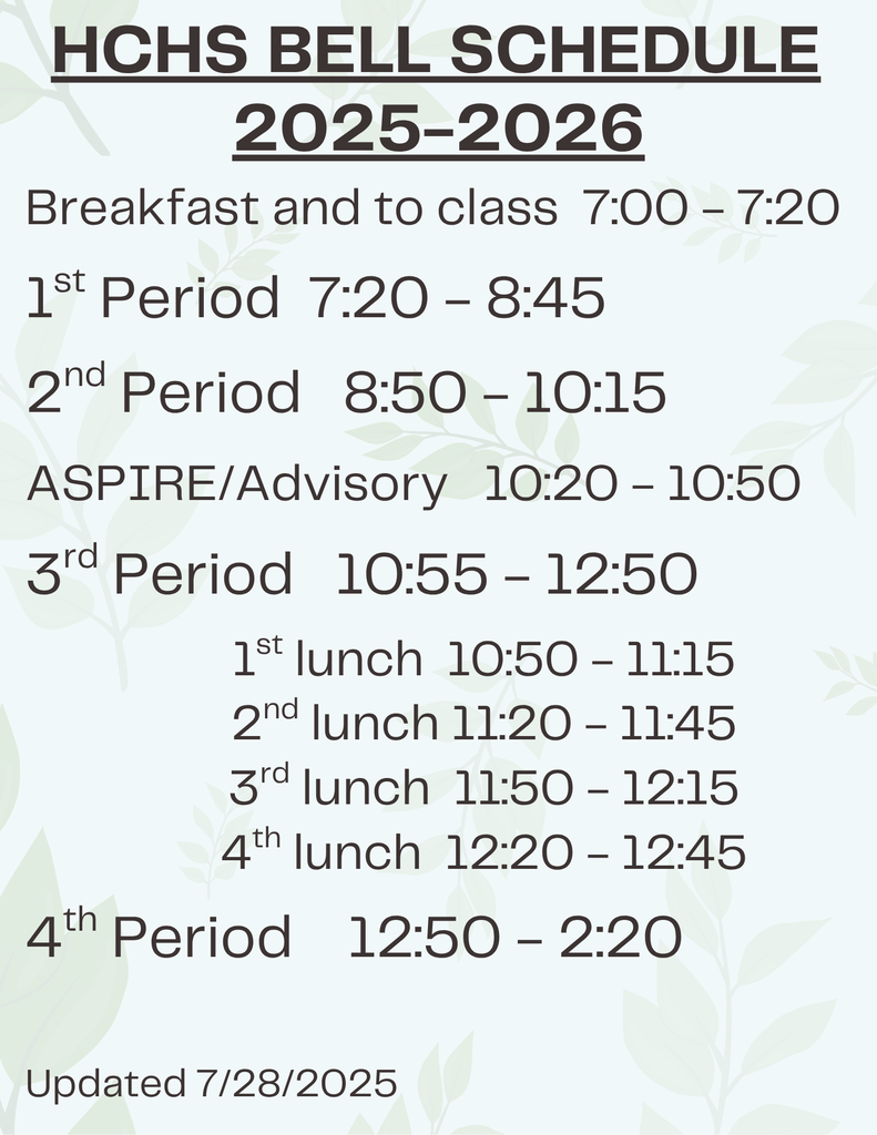 HCHS 2025-2026 Bell Schedule