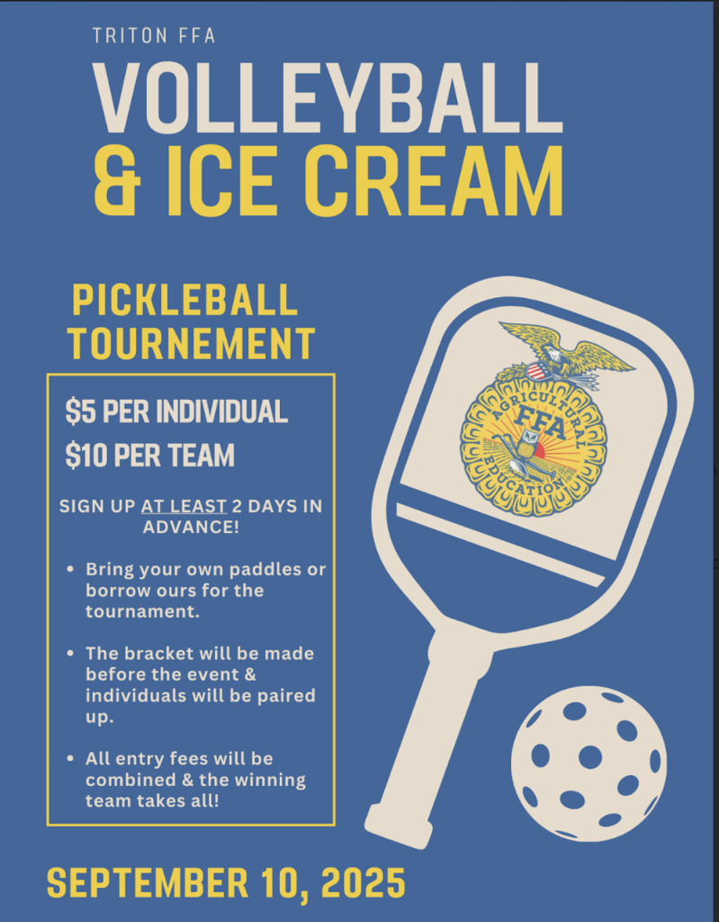 Sign up today for the FFA Volleyball, Ics Cream, and Pickleball Tourney