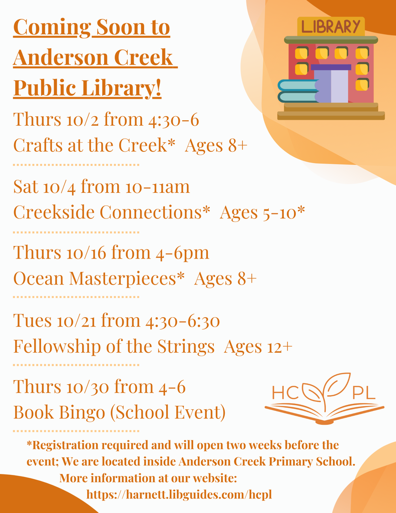 Coming Soon to ACPL (OCT 2025)/Próximamente en la Biblioteca Pública de Anderson Creek...