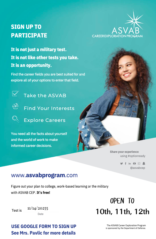 ASVAB @THS Nov. 14 8AM Upstairs Media Center. Must sign up on Google Form to take. Contact mpavlic@harnett.k12.nc.us with questions