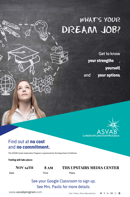 ASVAB @THS Nov. 14 8AM Upstairs Media Center. Must sign up on Google Form to take. Contact mpavlic@harnett.k12.nc.us with questions