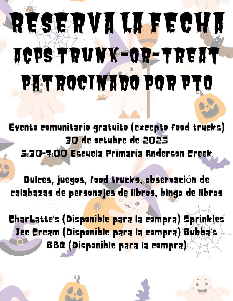 ¡Reserva la fecha para el Trunk-or-Treat! 30 de octubre, de 17:30 a 19:00.