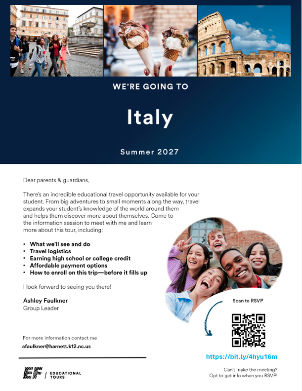 Mrs. Faulkner is going to Italy with a lucky group of Triton students in the Summer of 2027. Scan the QR Code to learn more.