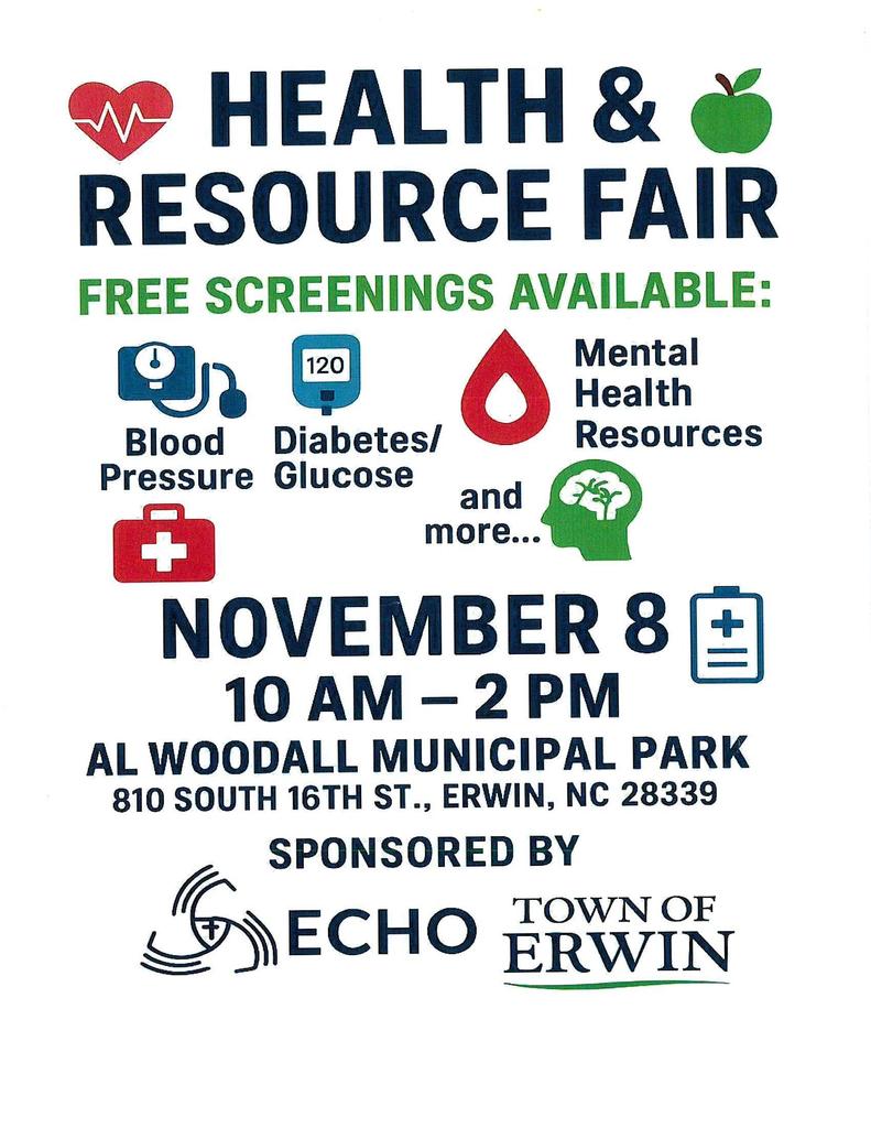 ECHO Health & Resource Fair Nov 8 from 10am-2pm @Al Woodall Municipal Park in Erwin, NC