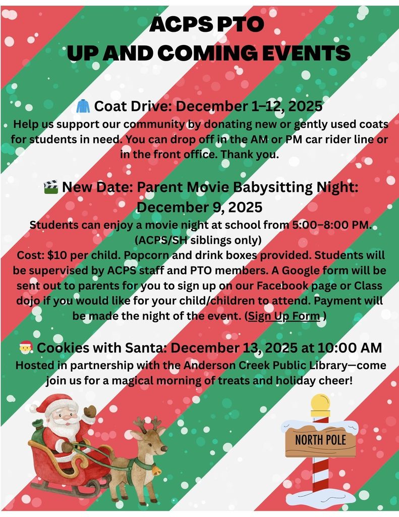 ACPS PTO UP AND COMING EVENTS 🧥 Coat Drive December 1–12, 2025 Help us support our community by donating new or gently used coats for students in need