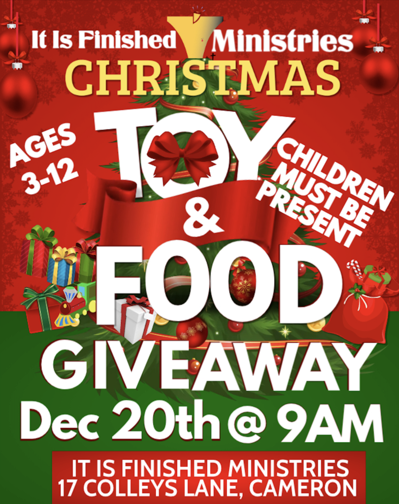 It Is Finished Ministries Christmas Toy and Food Giveaway- December 20, 2025- ages 3-12- Children must be present