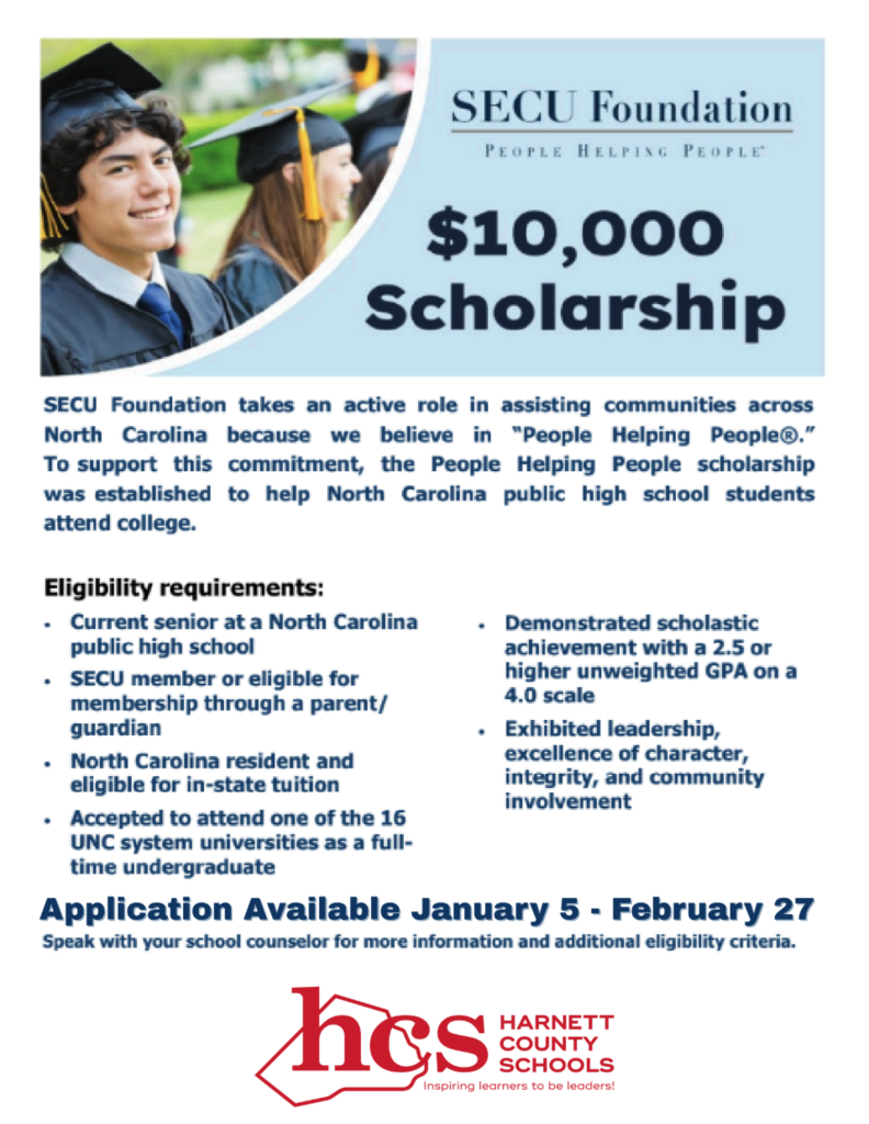 BIG NEWS, CLASS OF 2026! 🎓 Want some extra 💰 for college?  The State Employee Credit Union - People Helping People Scholarship is officially OPEN!  The SECU People Helping People Scholarship is valued at $10,000 and awarded over eight consecutive semesters to pay for tuition and fees! We’re looking for seniors who are ready to make a difference. See info below and get apply!