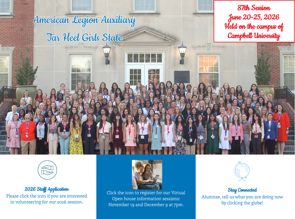 Attention 11th grade Girls!  If you're interested in attending the 2026 Tar Heel Girls State, please see Mrs. Morrison for an application.  All applications are due back to Mrs. Morrison by Feb. 23.    For more information, check out their website at https://www.alathgs.com/ Also, Ms. Edwards (room 154) would love to talk with you about Girls State if you have any questions.  She's our resident expert! :)