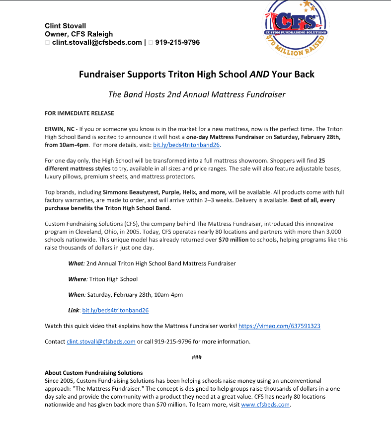 Triton Band Mattress Fundraiser 