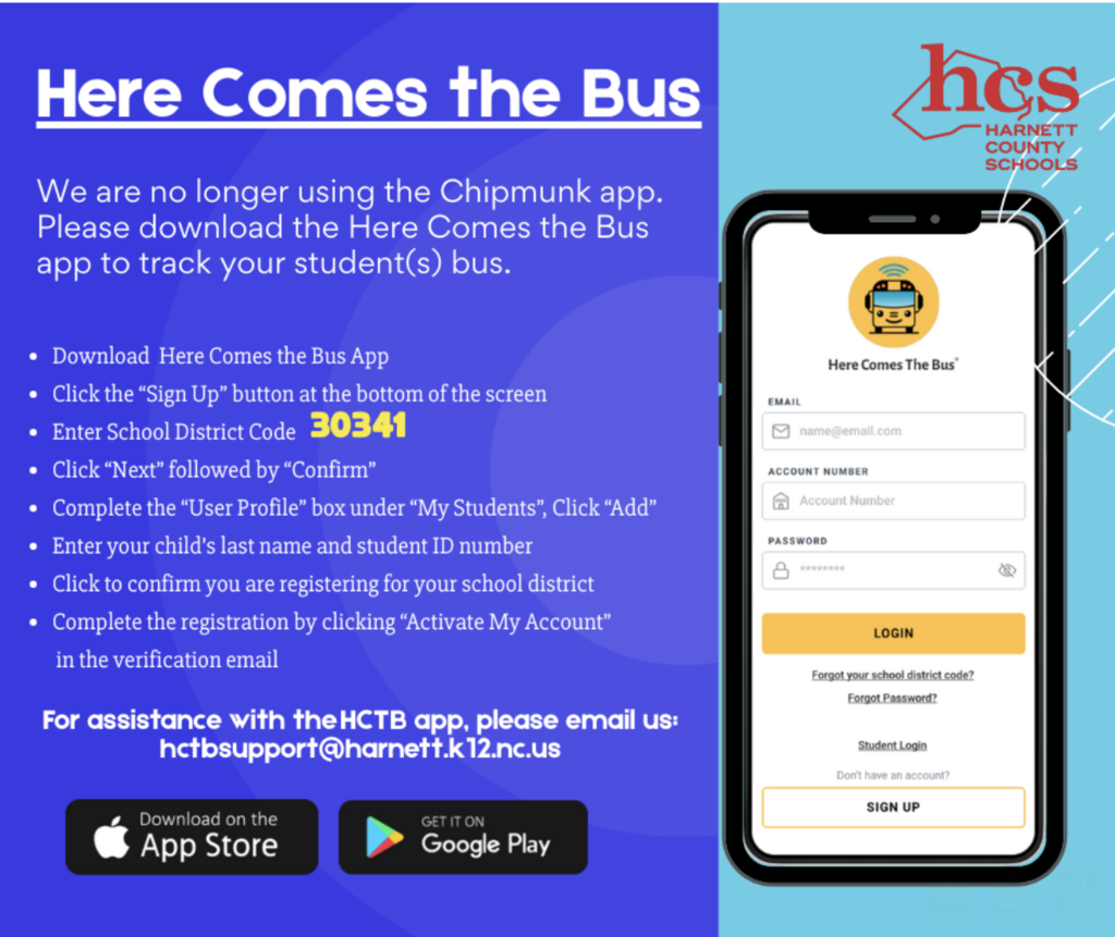 Instructions for downloading and setting up the Here Comes the Bus app.