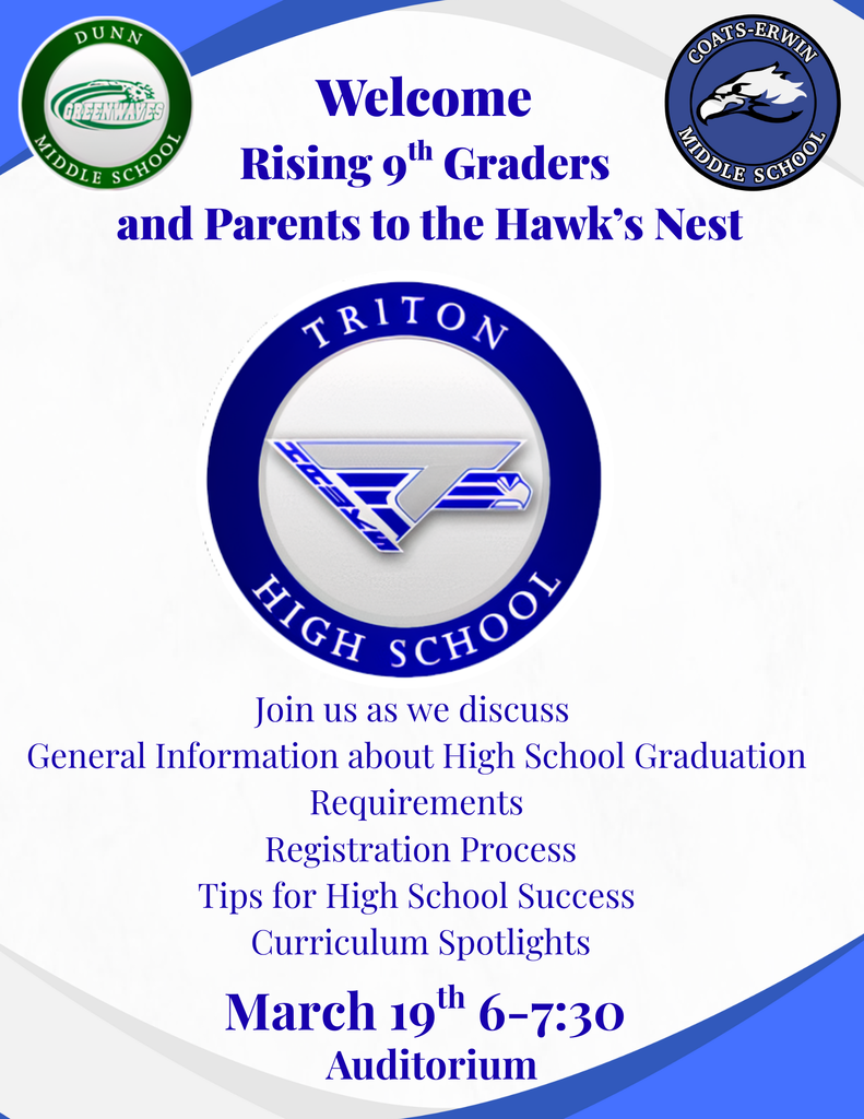 Please see the attached flier to share at your schools for our upcoming Freshman Curriculum Night here at Triton, as we prepare to welcome our soon to be new Hawks to the nest! We are excited to meet them and their families!  