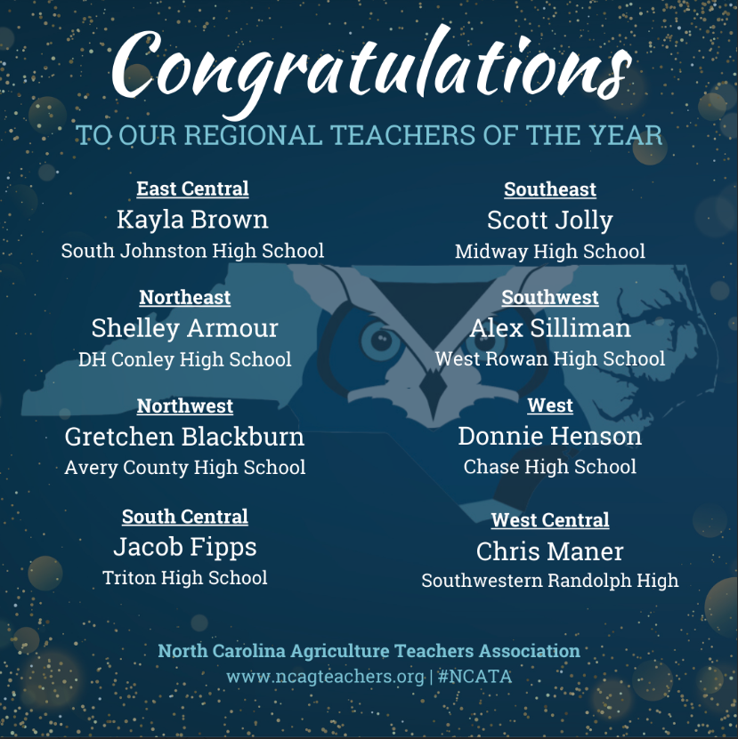 We are thrilled to officially announce the 2026 NCATA Regional Teachers of the Year!  These individuals represent the gold standard of agricultural education in North Carolina, demonstrating an unwavering commitment to their students, their programs, their communities, and the future of our industry.   What defines a Regional Teacher of the Year?  This award is about impact!  Our 2026 honorees were selected based on their exceptional contributions across several key pillars of a premier ag ed program:  Instructional Innovation: Bringing the classroom to life with rigor and relevance.  Experientail Learning: Mastering the "Learning by Doing" philosophy through robust SAE Programs.  Student Leadership: Cultivating the next generation of leaders through excellence in FFA.  Strategic Partnerships: Building bridges between the classroom and local industry.   Program Marketing & Growth: Championing the values of Ag Ed to the community and stakeholders.   This year's regional winners embody the heart of the NCATA Mission.  They don't just teach agriculture, they inspire the next generation of leaders, advocates and agriculturist. Please join us in congratulating these outstanding North Carolina Agriculture Teachers! 