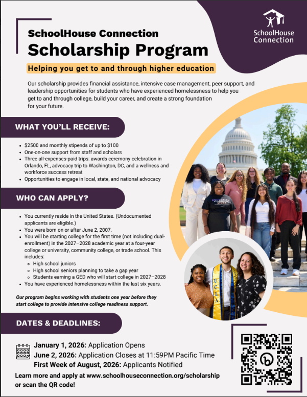 Possible Scholarship Opportunity. See Flyer for more info.  SchoolHouse Connection’s Youth Leadership & Scholarship Program