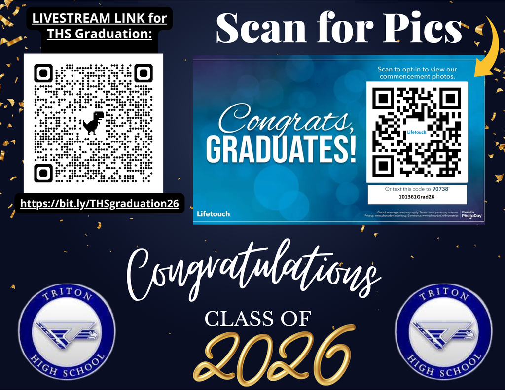 Getting Closer Graduates...!   Share this info with family and friends so they can livestream Triton's graduation and/or purchase pics as you walk across the stage!  