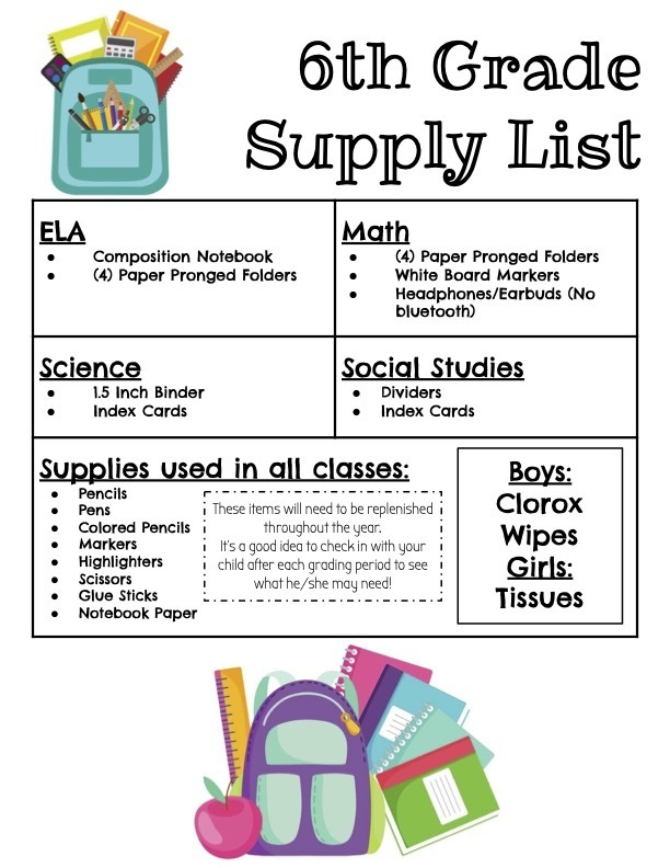 6th Supply List