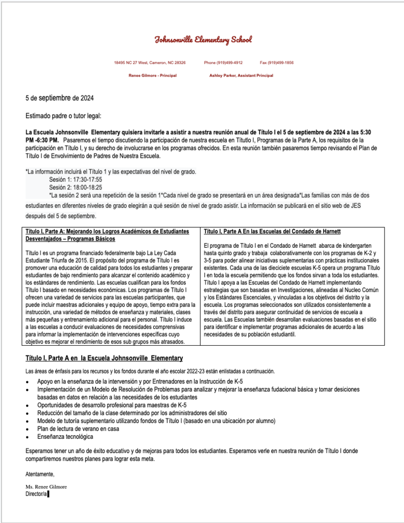 Versión en español de la descripción general de la Noche de información para padres. La Noche de información para padres se llevará a cabo el 5 de septiembre de 5:30 a 6:30 p. m.