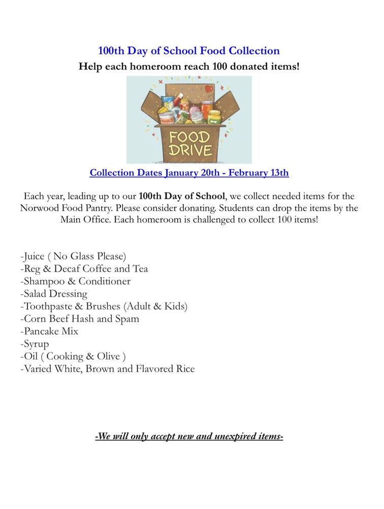 100th Day of School Food Drive - Begins 1/21
