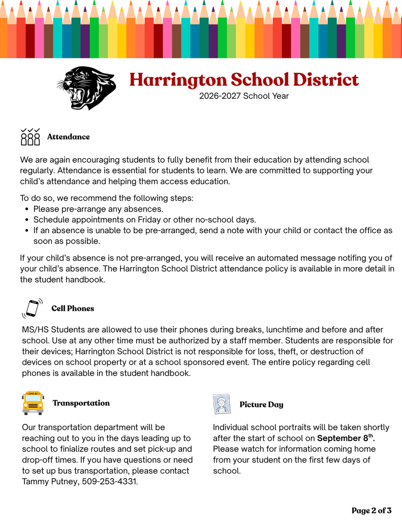 Welcome letter page two with text and details about back to school