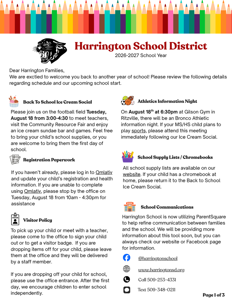 Welcome letter page one with text and details about back to school