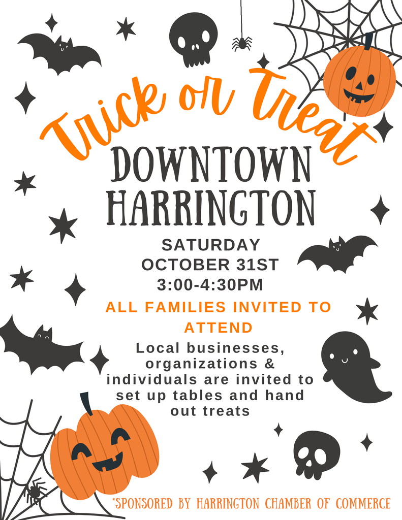 flyer advertising an upcoming trickor treat event october 3st, 3-4pm downtown harrington