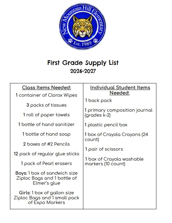 First Grade Supply List