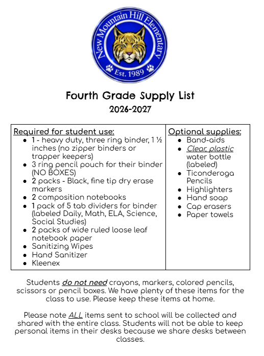 Fourth Grade Supply List