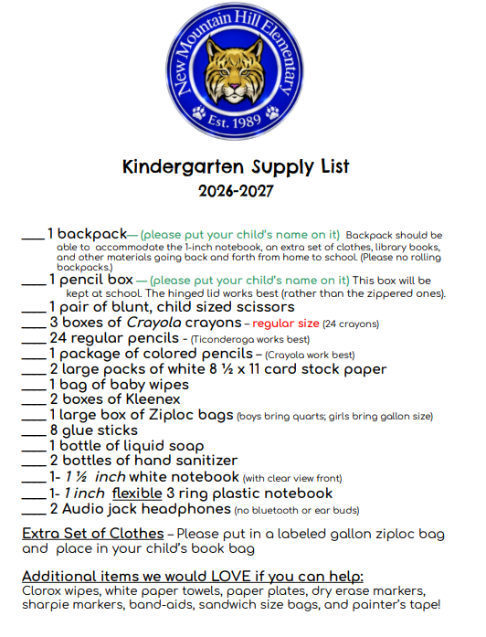 Kindergarten Supply List