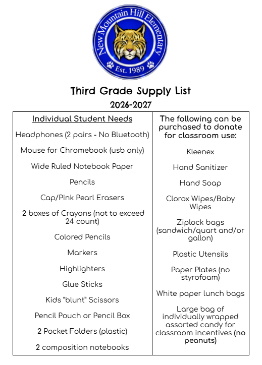 Third Grade Supply List