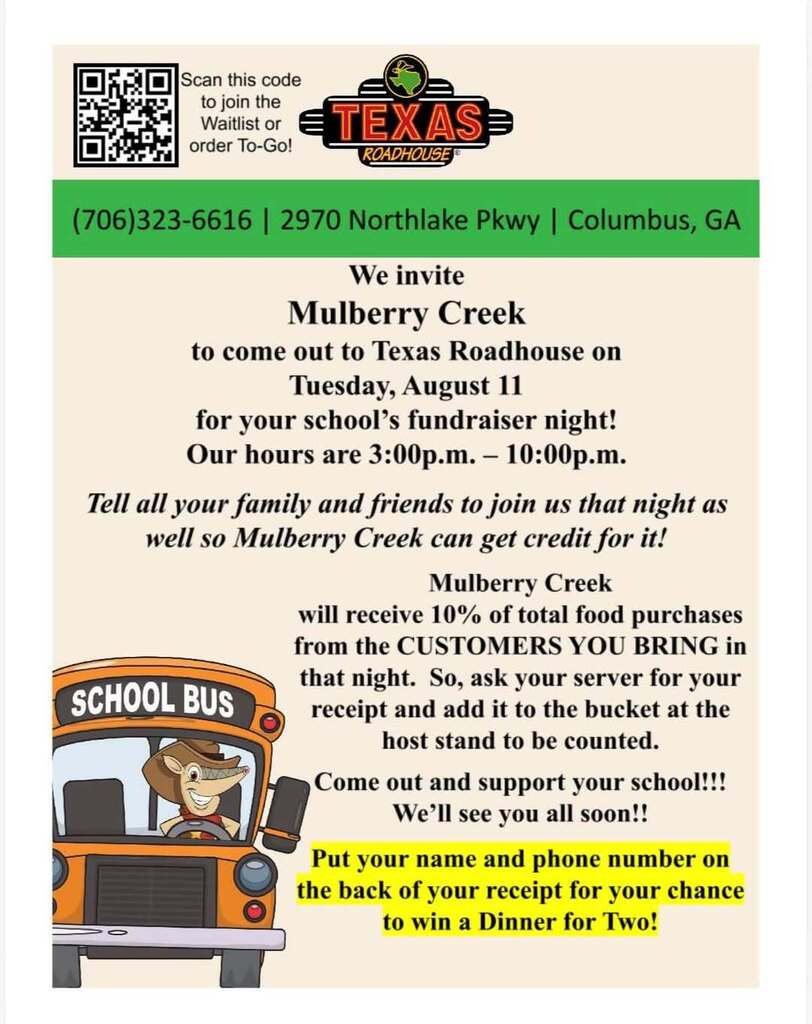 Tonight is Spirit Night for Mulbery Creek at Texas RoadHouse! Tell your family and friends to join and let your server know you are supporting MCE!