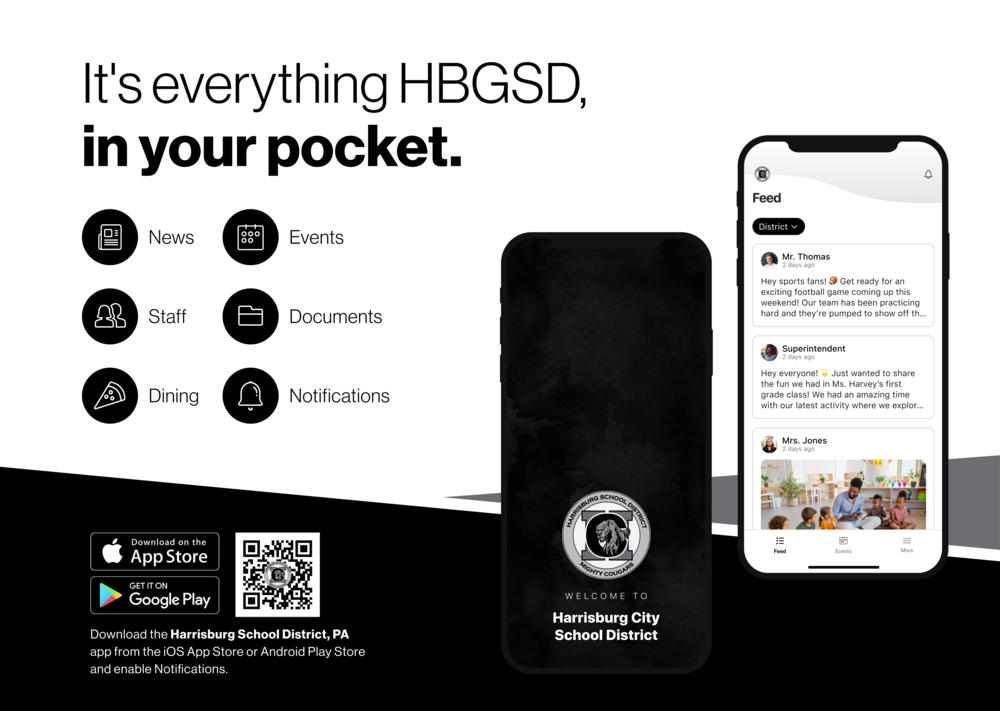 Marketing image for HBGSD's new iOS and Android app stating "It's everything HBGSD, in your pocket. News, Events, Staff, Documents, Dining, Notifications" with a QR code linking to the relevant platform app stores.