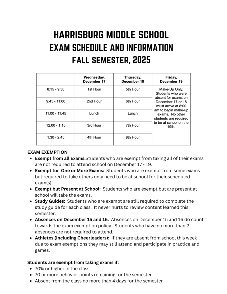 Semester Exam Information