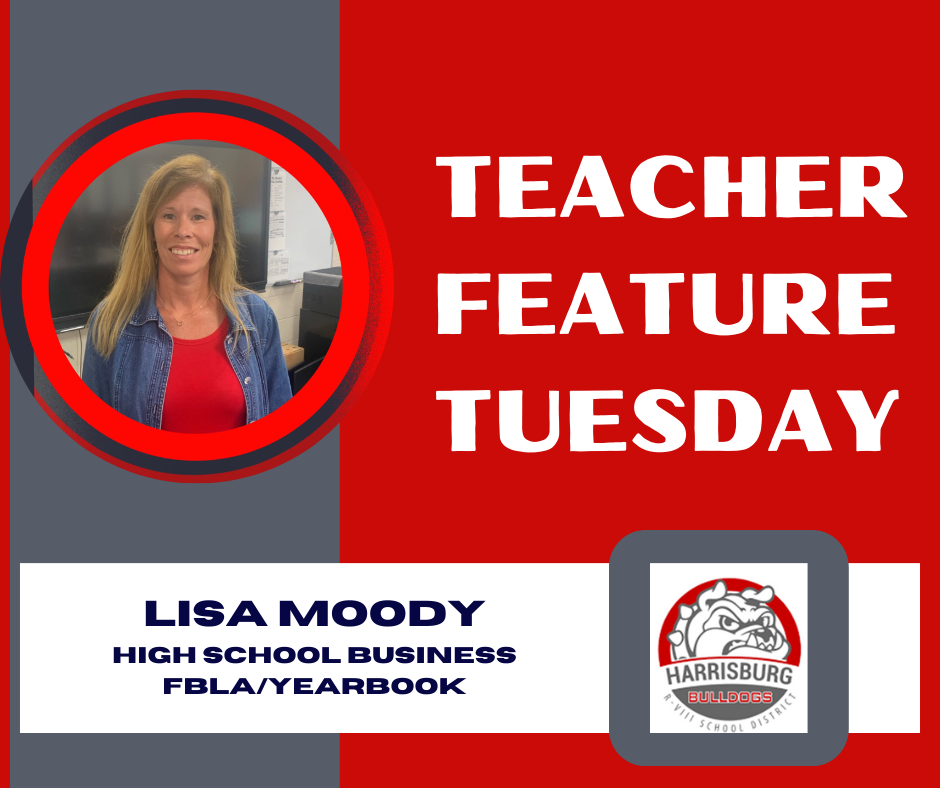 Teacher Feature Tuesday graphic with image of Lisa Moody and district logo
