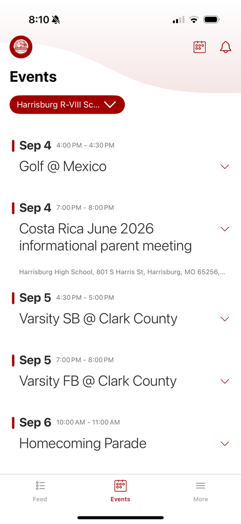 Events Calendar Screen Capture from District App