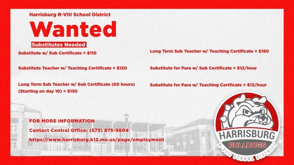Employment Opportunity Flyer for Substitute Teachers with Pay Scale and District Logo