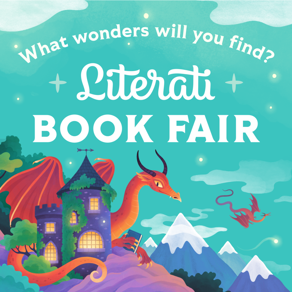 What wonders will you find? Literati Book Fair advertisement with dragon, castle, and mountains