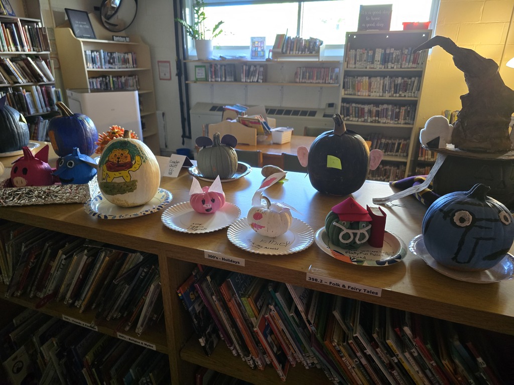 Storybook pumpkins and potatoes on display in the library