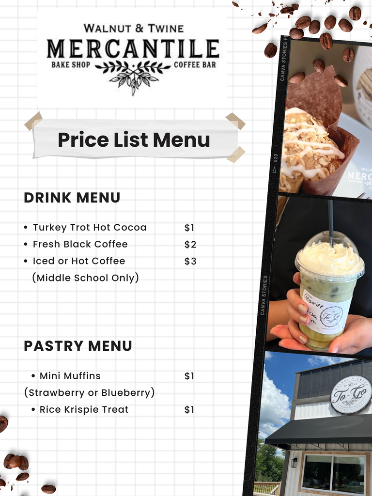 Trot menu with pricing from Walnut & Twine