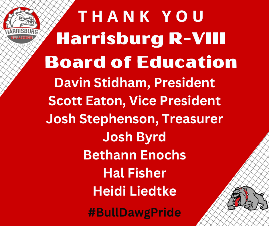 Board of Education Thank you Graphic with names of current board of education members on a red background with the school logos in the corners of the graphic