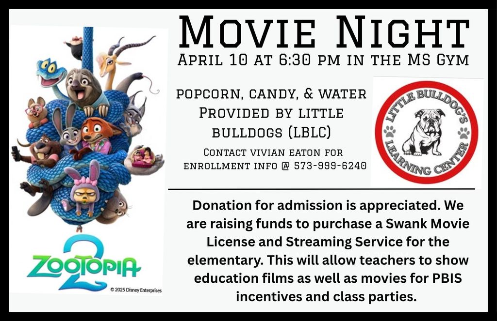 Movie Night April 10 at 6:30 in the MS Gym