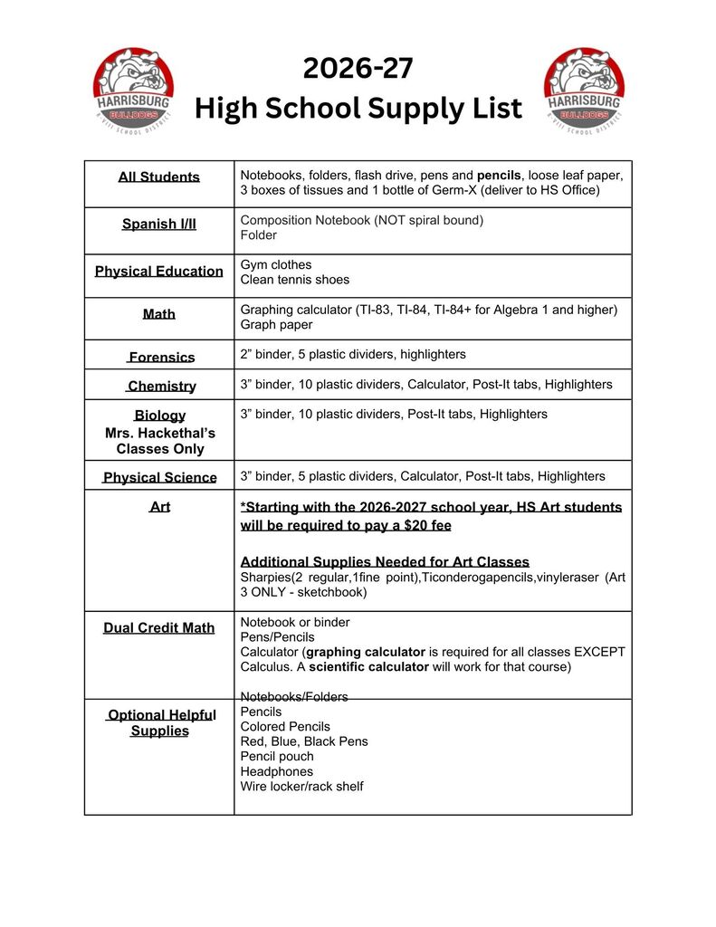 26-27 HS Supply Lists