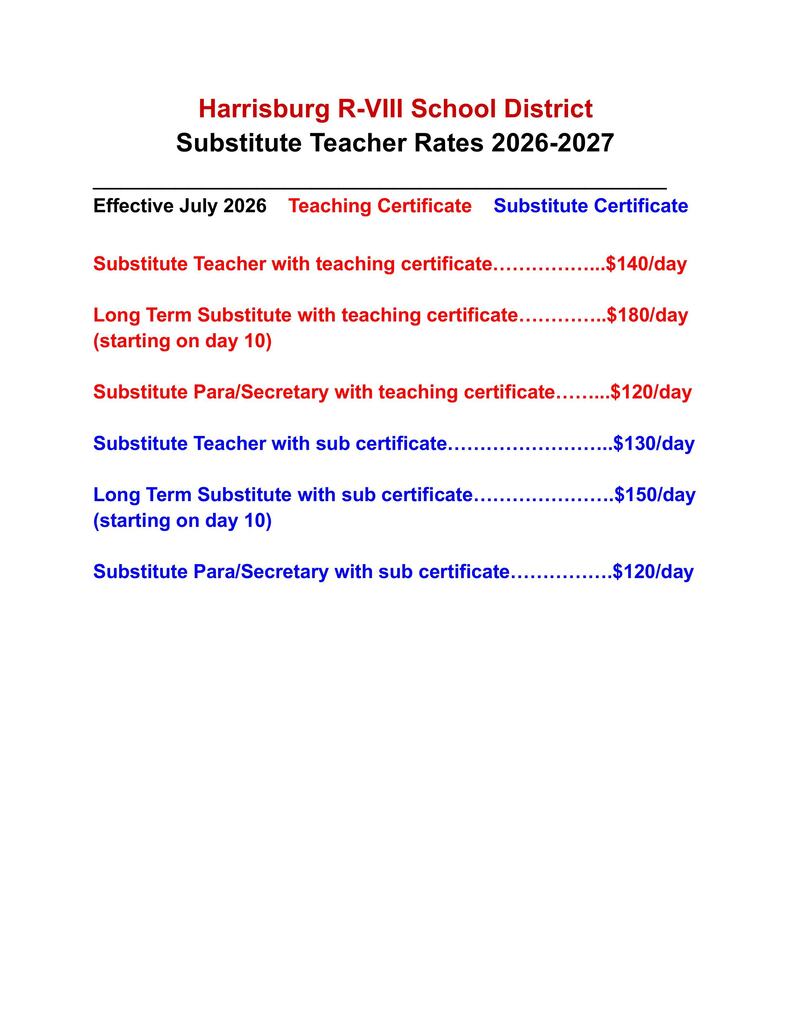 Harrisburg R-VIII Substitute Teacher Rates 26-27