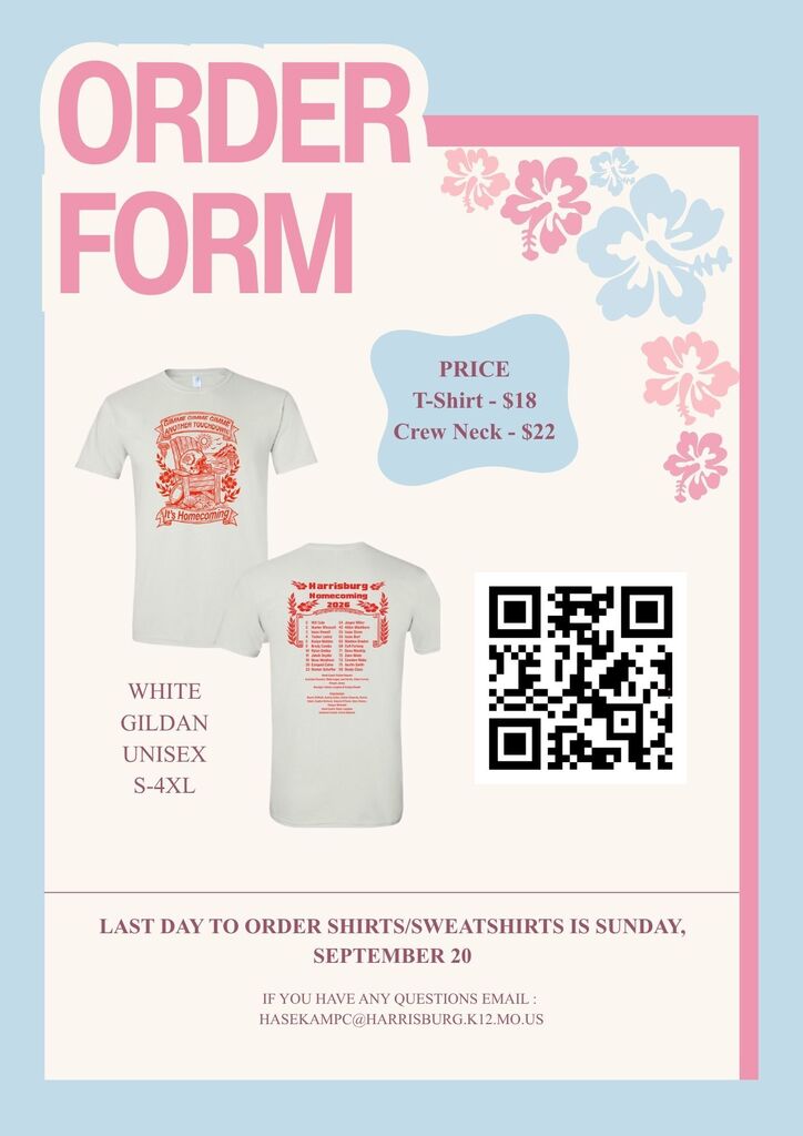 2026 Homecoming Shirt order form with image of Mamma Mia themed shirt and QR code for ordering
