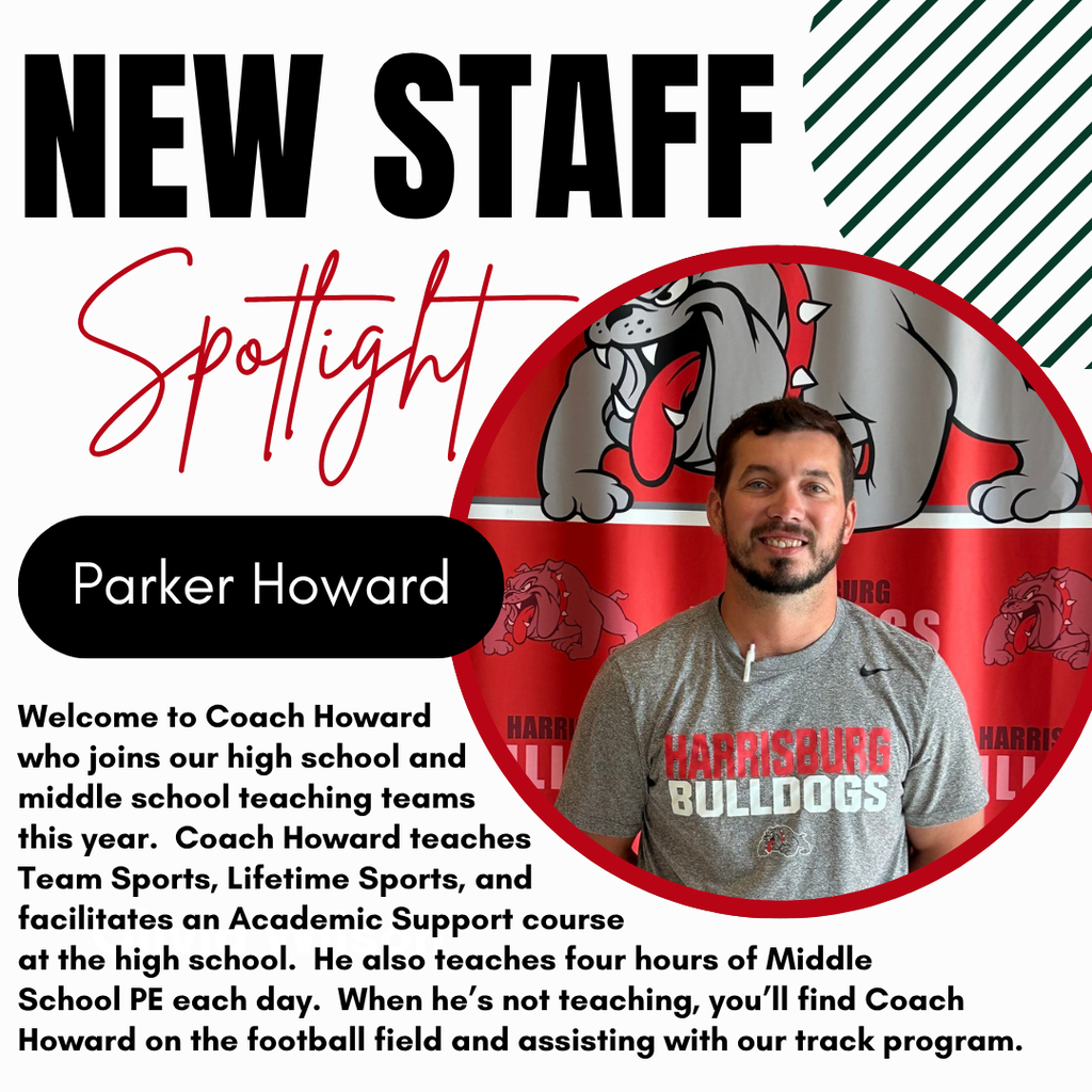 New Staff Spotlight Graphic with image of Parker Howard and welcome to Harrisburg message