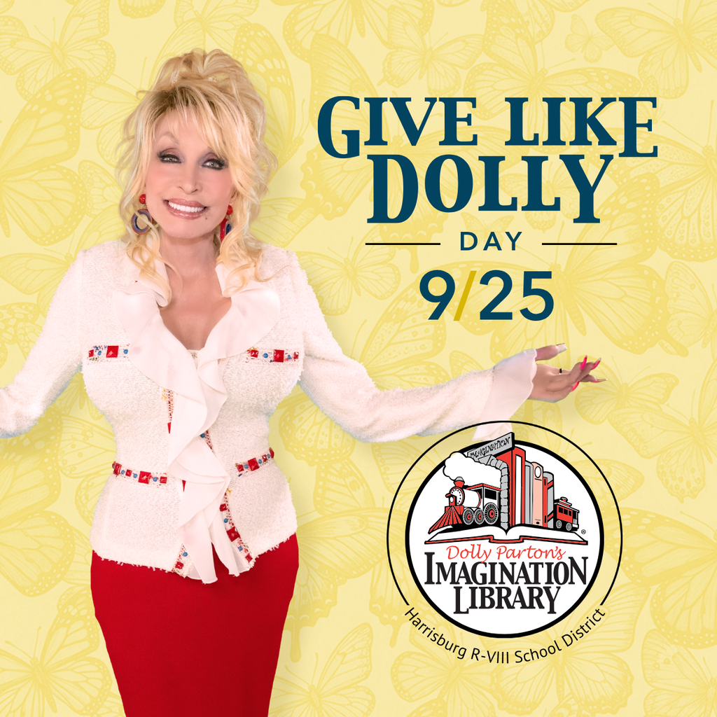 yellow background with picture of Dolly, text reads "Give Like Dolly Day 9/25"