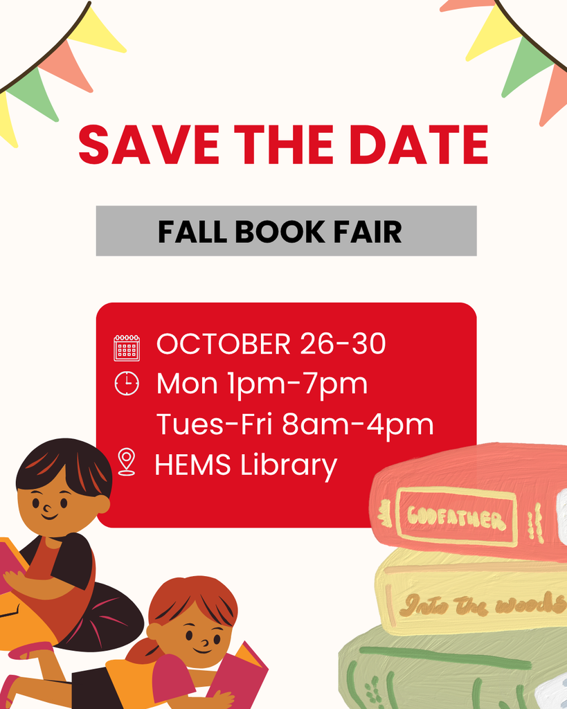 Picture of children reading and books. Advertising fall book fair dates October 26-30.